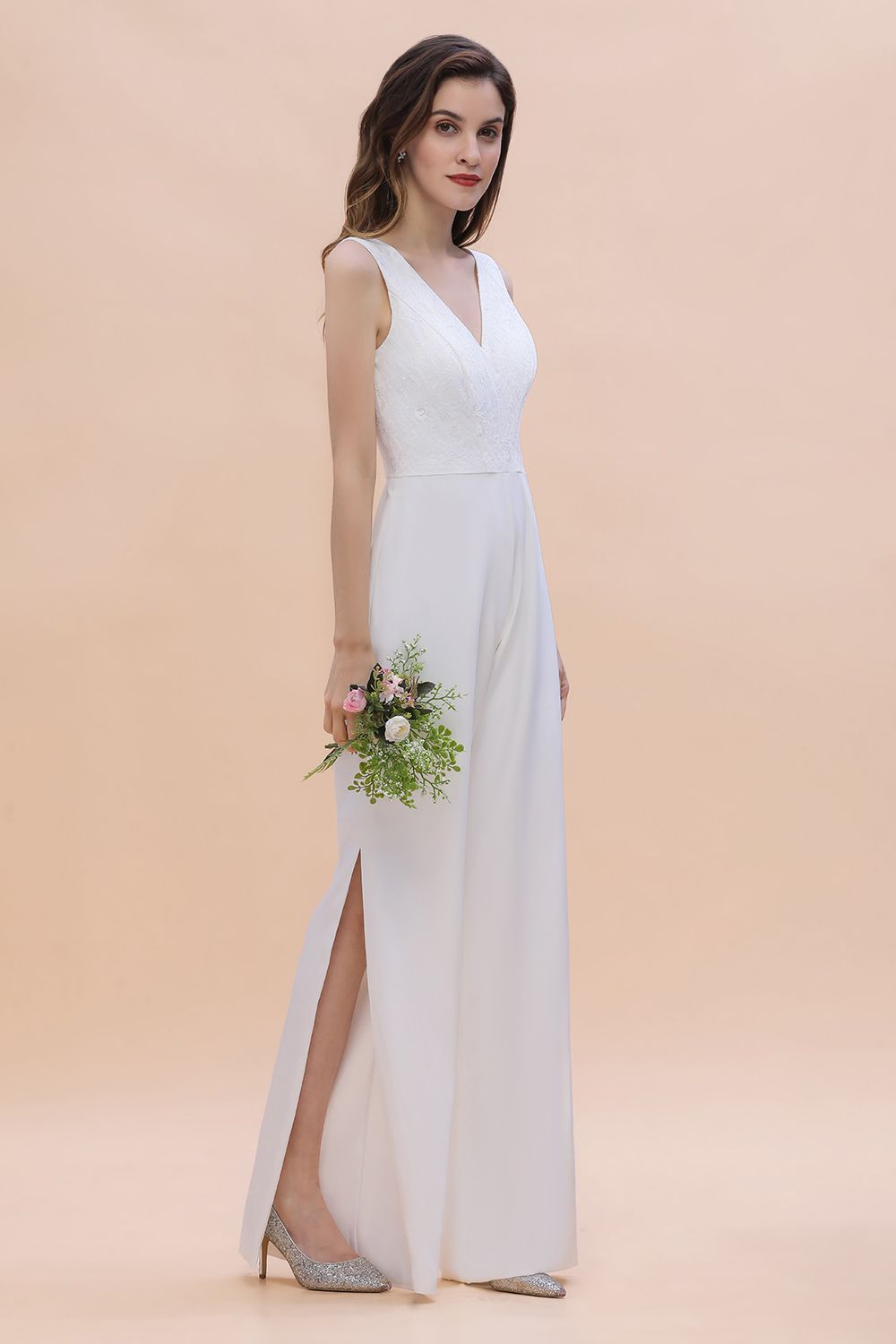 BMbridal Stylish V-neck Sleeveless White Lace Bridesmaid Jumpsuit Online-BMbridal