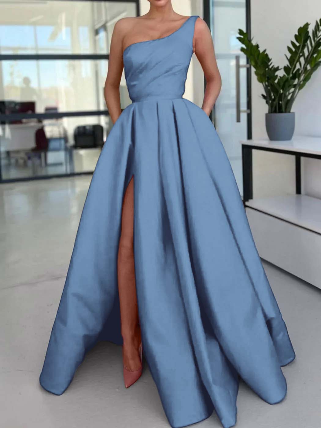 One Shoulder Sleeveless Long High Split Prom Dress With Pockets