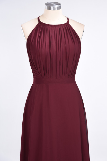 BMbridal Modest Chiffon Jewel Ruffle Burgundy Long Bridesmaid Dresses Online-BMbridal