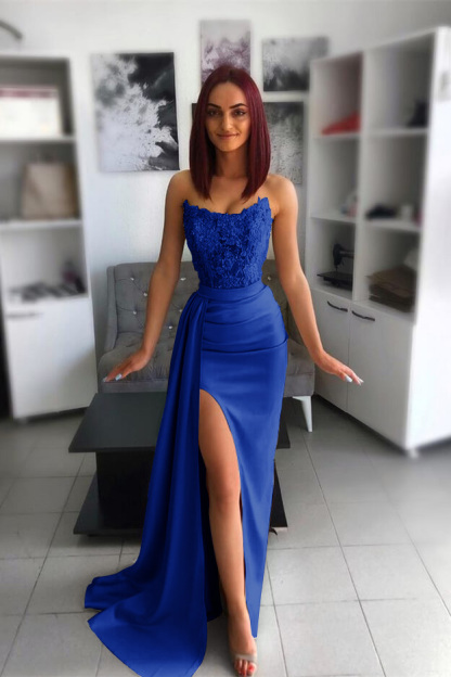 Amazing Strapless Sleeveless Mermaid Split Prom Dress With Appliques Ruffles