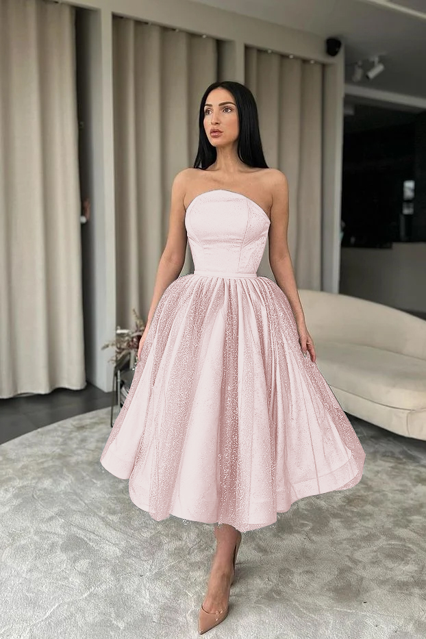 Black Tulle Strapless Sleeveless Tea Length A Line Prom Dress