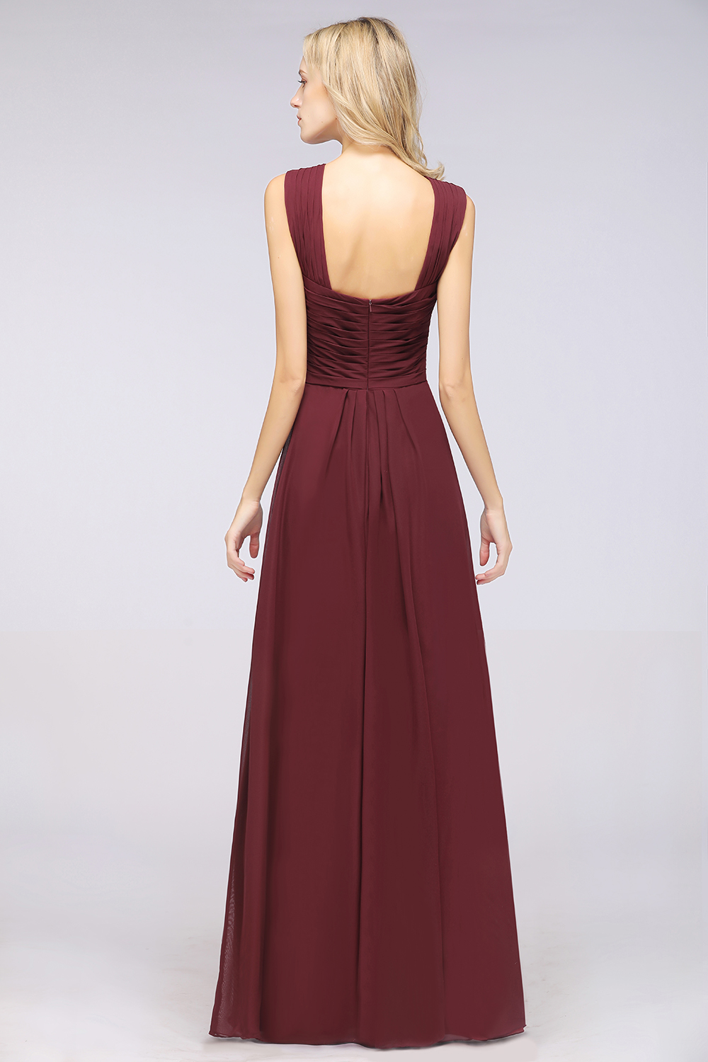 BMbridal Elegant Chiffon V-Neck Straps Crisscross Burgundy Bridesmaid Dress with Ruffle-BMbridal