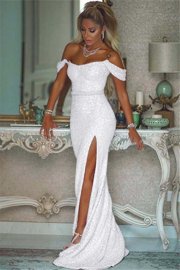 Pink Sequins Off the Shoulder Mermaid Elegant Prom Dresses With Split