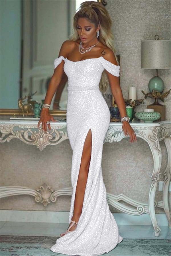 Pink Sequins Off the Shoulder Mermaid Elegant Prom Dresses With Split