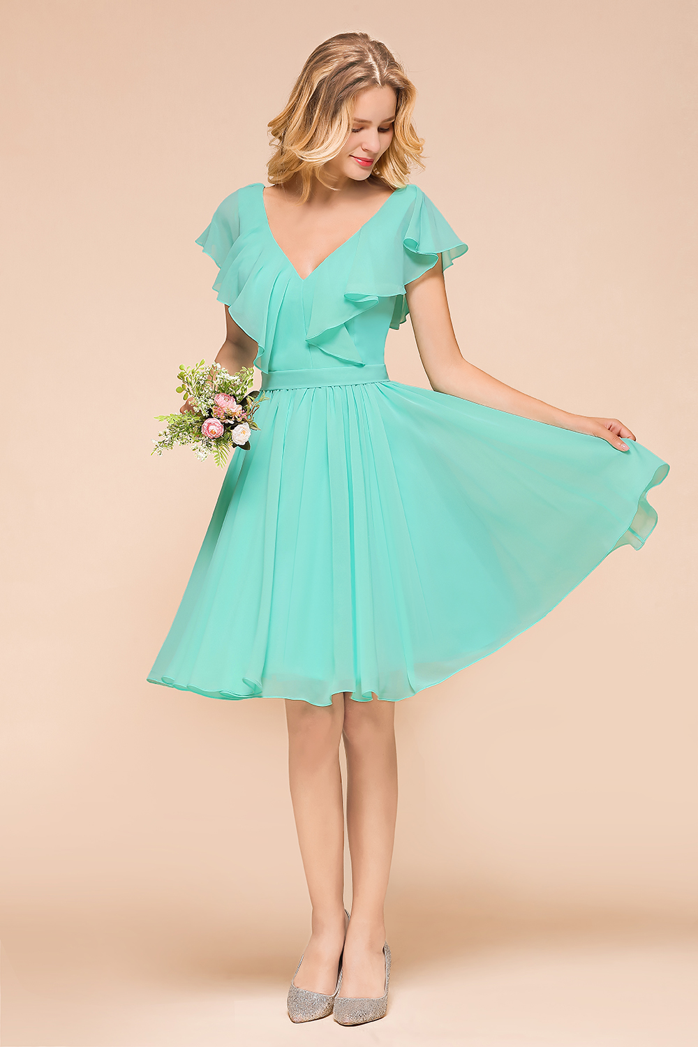 BMbridal Chic V-Neck Ruffle Chiffon Short Affordable Bridesmaid Dresses Online-BMbridal