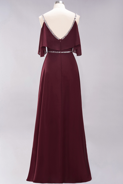 BMbridal Burgundy Cold-shoulder Long Bridesmaid Dress With Half Sleeve-BMbridal