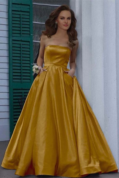 Stunning Strapless Sleeveless Burgundy A Line Long Prom Dress With Pockets