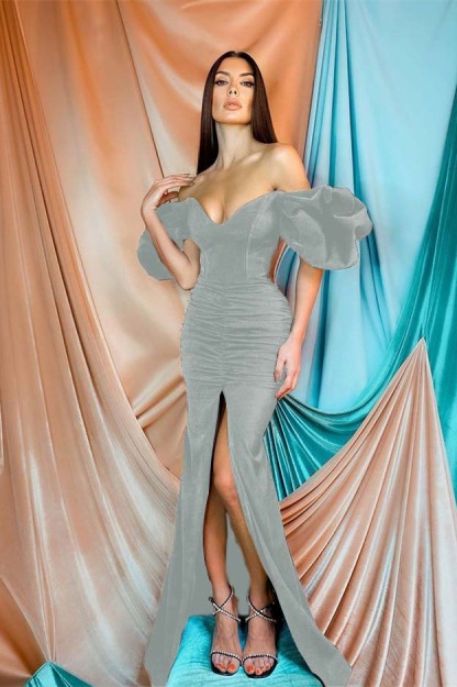 Mermaid Off the Shoulder Strapless Long Black Prom Dress With Front Split