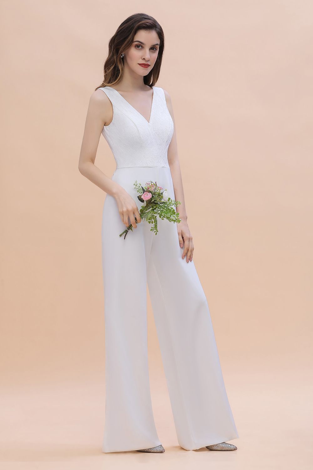 BMbridal Stylish V-neck Sleeveless White Lace Bridesmaid Jumpsuit Online-BMbridal