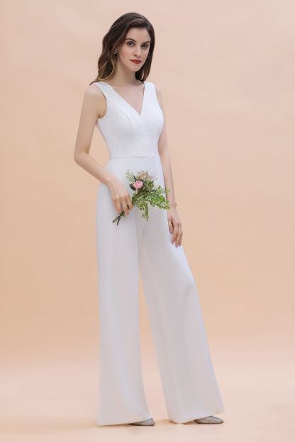 BMbridal Stylish V-neck Sleeveless White Lace Bridesmaid Jumpsuit Online-BMbridal