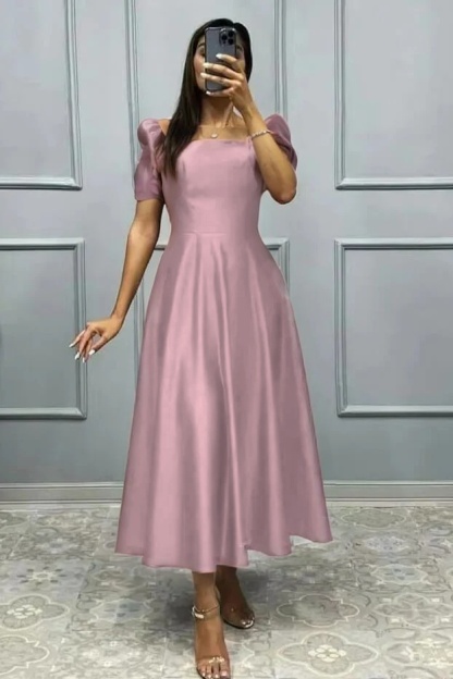 Elegant Square A Line High Waist Pleated Prom Dress With Short Sleeves
