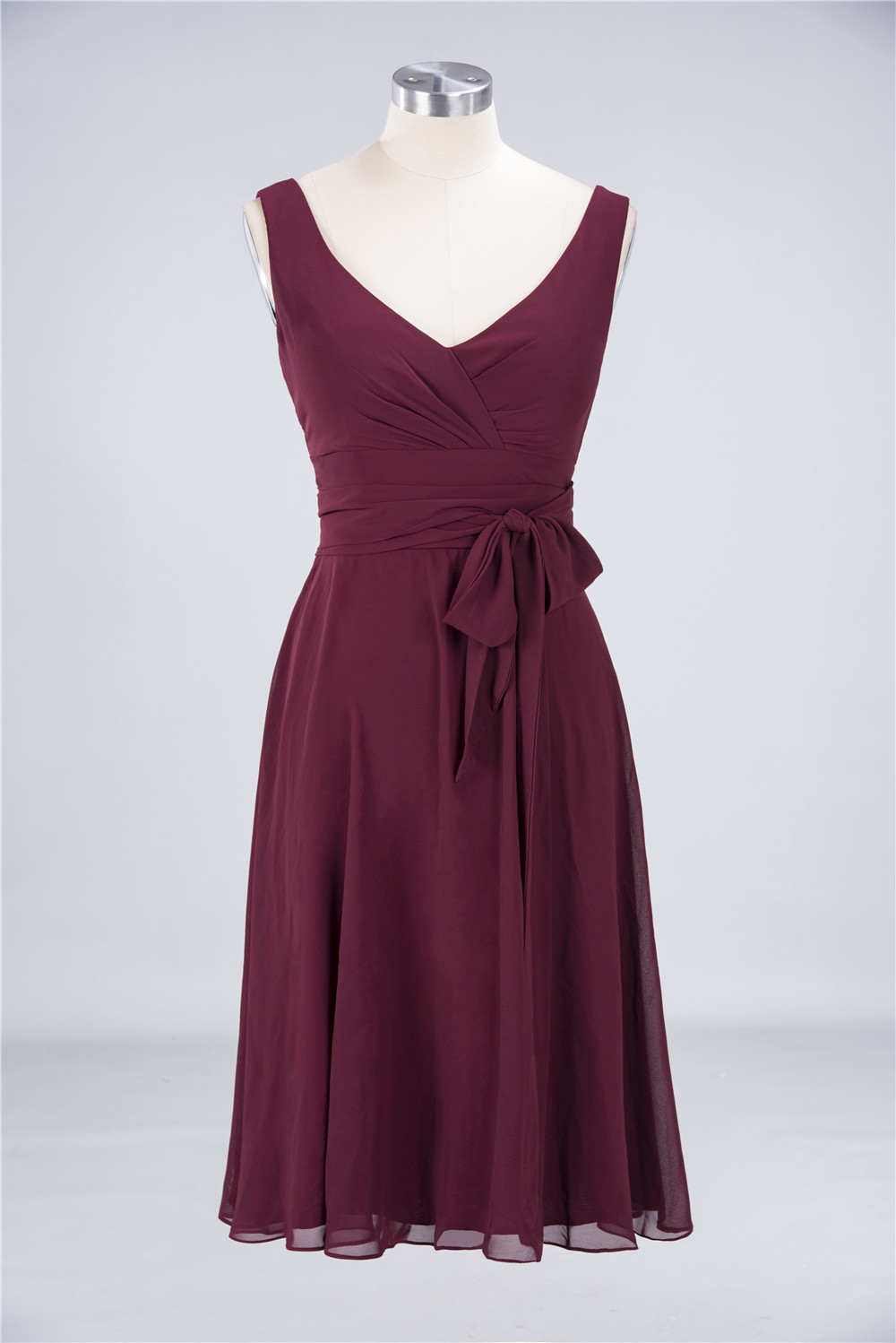 BMbridal Elegant Straps V-Neck  Ruffle Short Burgundy Bridesmaid Dress with Bow Sash-BMbridal
