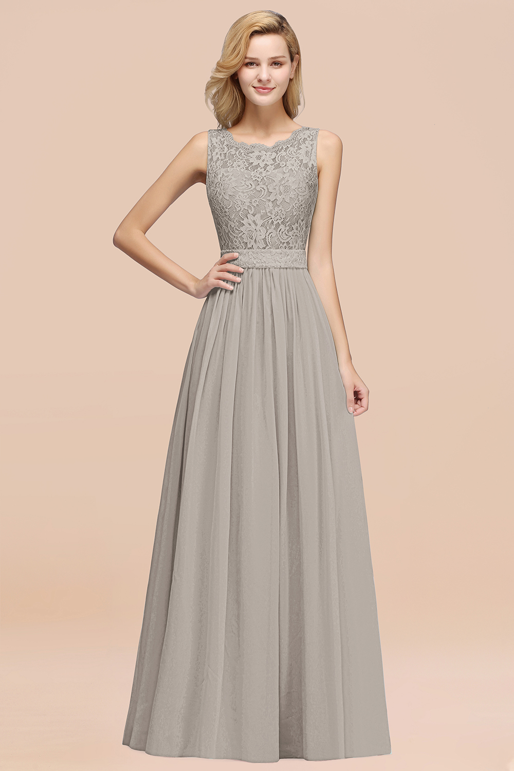 BMbridal Elegant Chiffon Lace Scalloped Sleeveless Ruffle Bridesmaid Dresses-BMbridal
