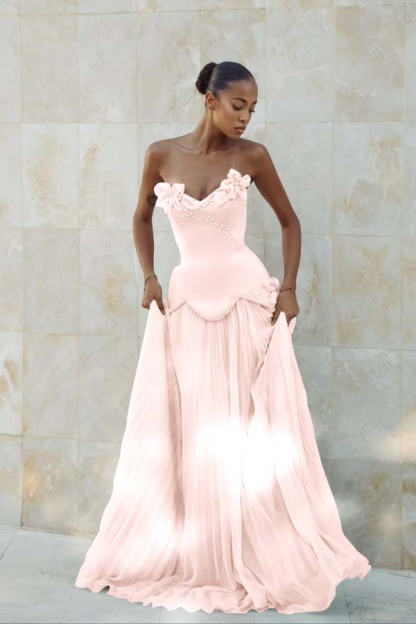 Stunning Strapless Sleeveless Long Prom Dress With Pleated Beading