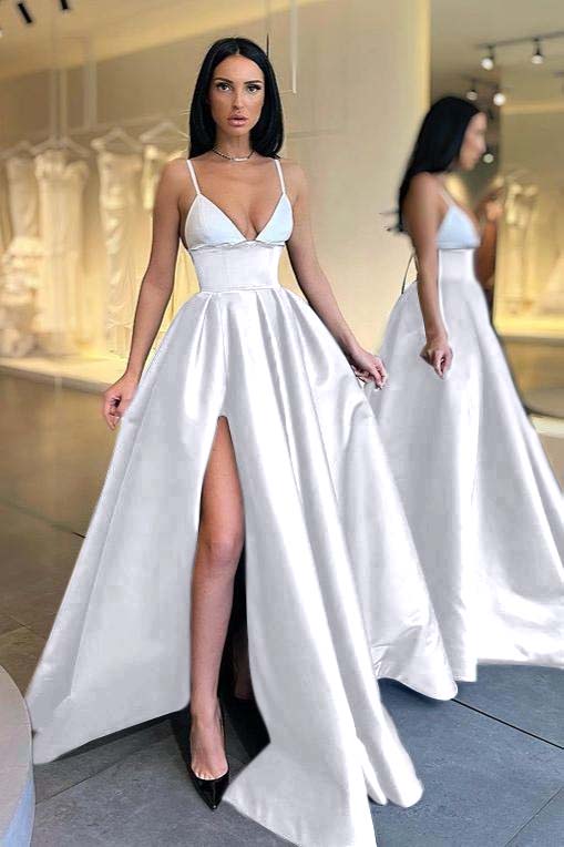 Black and White Spaghetti Strap V Neck Long Prom Dress With Front Split