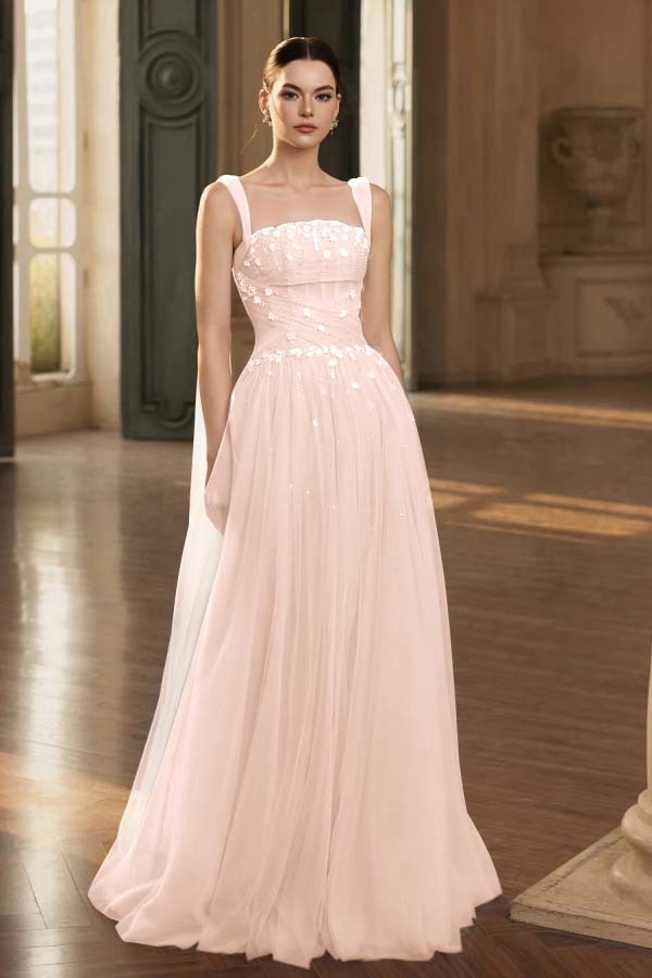 Stunning Tulle Straps Sleeveless Long Prom Dress With Beading