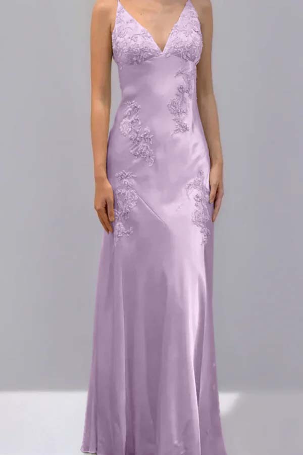 Spaghetti Strap V Neck Sleeveless Long Prom Dress With Appliques