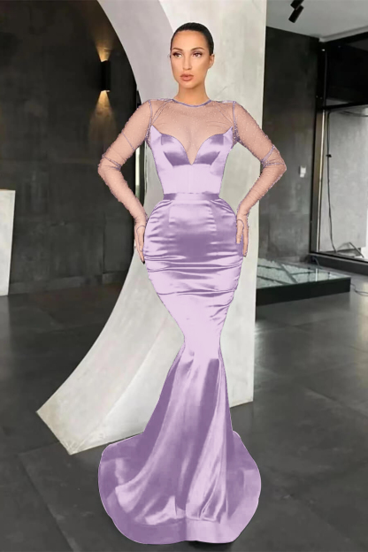 Black Mermaid Long Sleeves Pleated Long Prom Dress With Beads Online V Neck