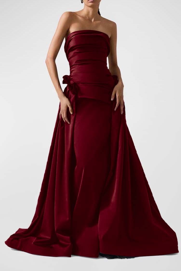Strapless Backless Sleeveless Long A Line Prom Dress With Pleated