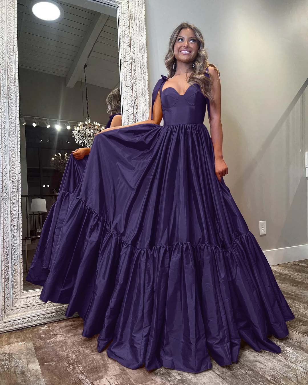 Sleeveless Straps Sweetheart Long Prom Dress With Ruffles Pleated