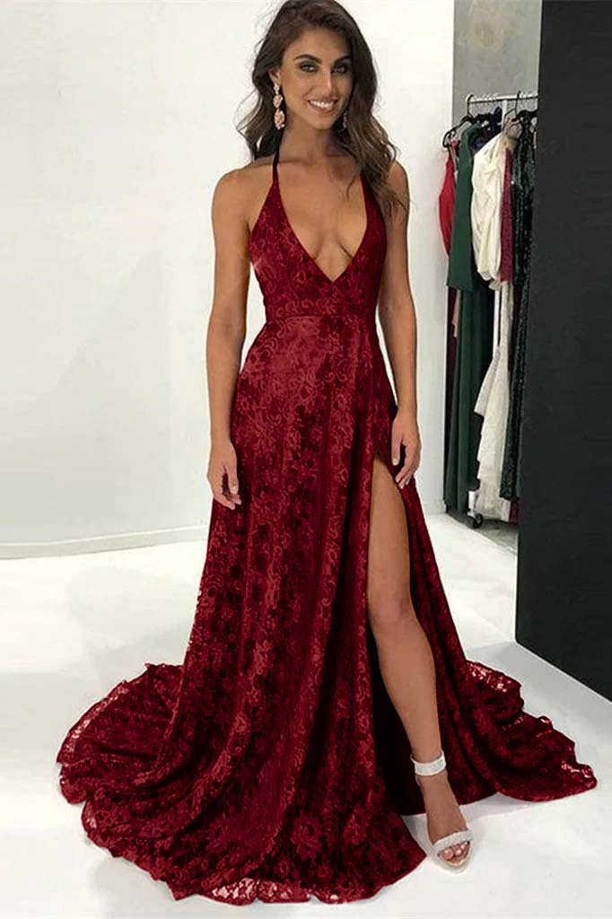 Burgundy Modern Halter Deep V Neck Backless Long Lace Prom Dress With Split
