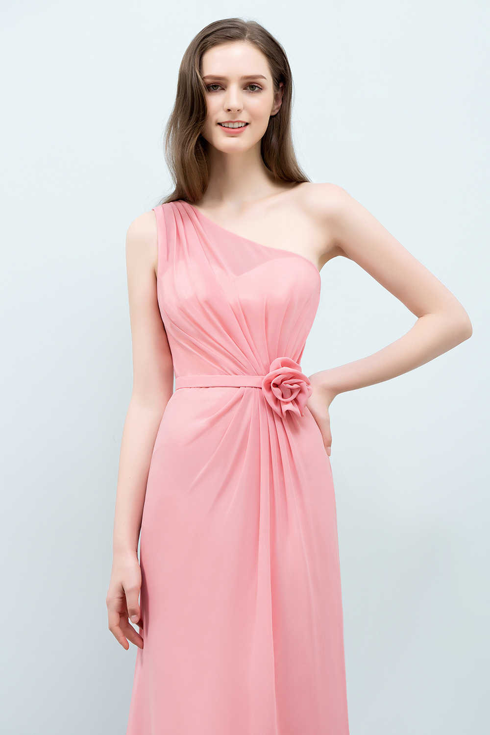 BMbridal Affordable Mermaid One shoulder Pink Bridesmaid Dresses with Flowers-BMbridal