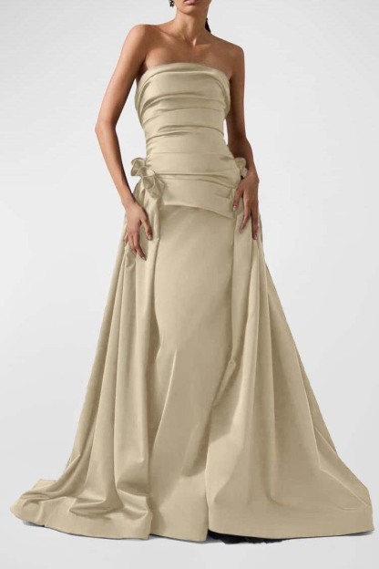 Strapless Backless Sleeveless Long A Line Prom Dress With Pleated