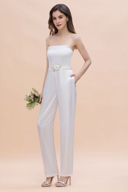 BMbridal Fashion Strapless Satin Sleeveless Bridesmaid Jumpsuit with Beading Flowers On Sale-BMbridal