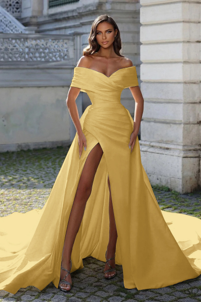 Off the Shoulder Sleeveless High Split Long Prom Dress With Pleated