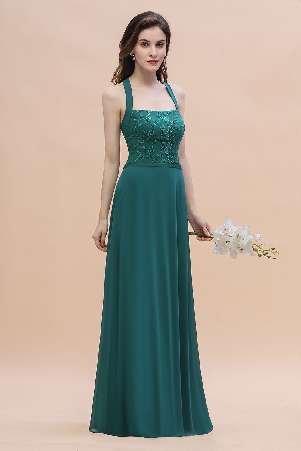BMbridal Elegant Straps Peacock Chiffon Appliques Bridesmaid Dress Sleeveless On Sale-BMbridal