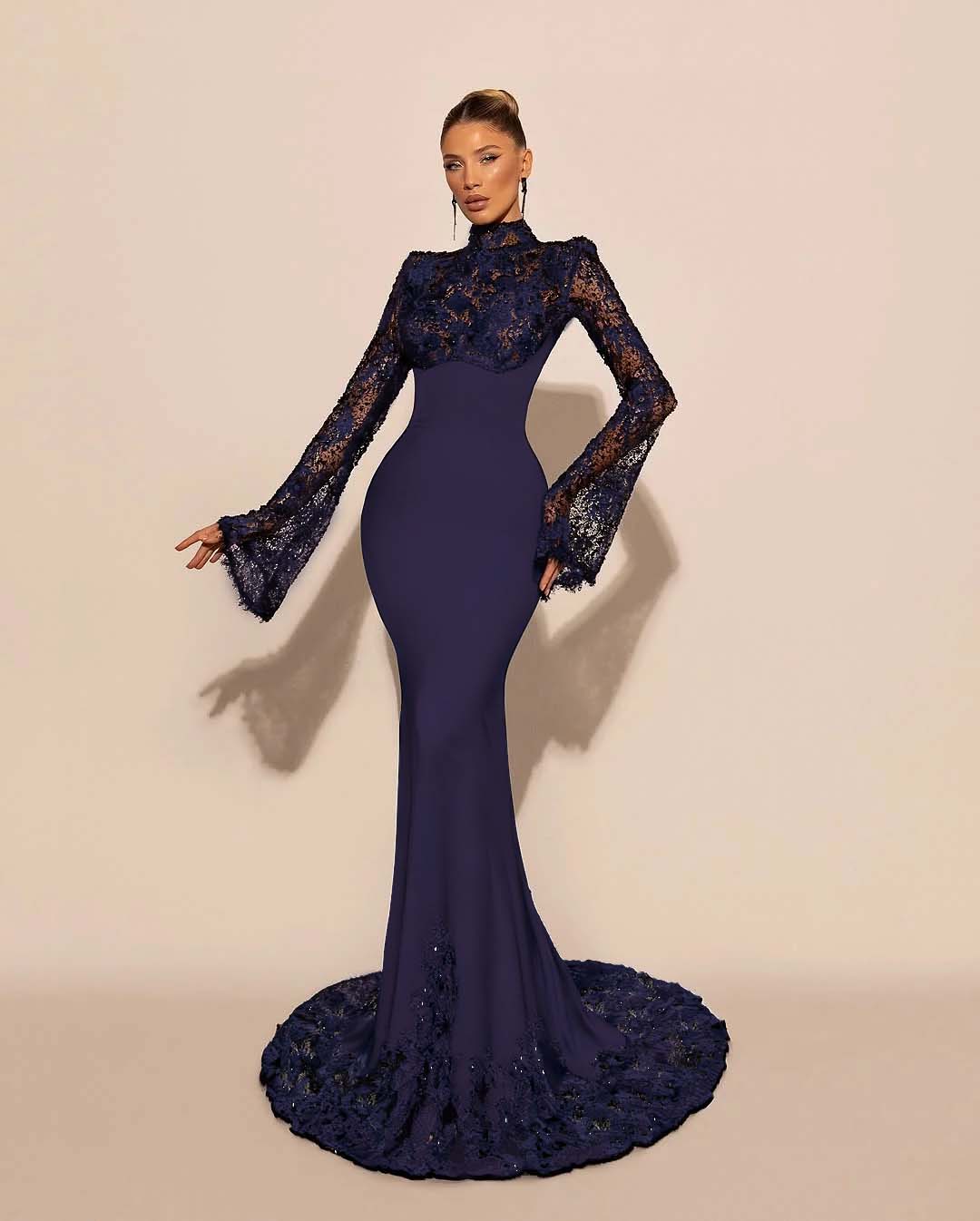 High Neck Lace Long Sleeves Long Mermaid Prom Dress With Pleated