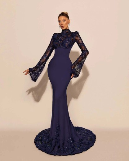 High Neck Lace Long Sleeves Long Mermaid Prom Dress With Pleated
