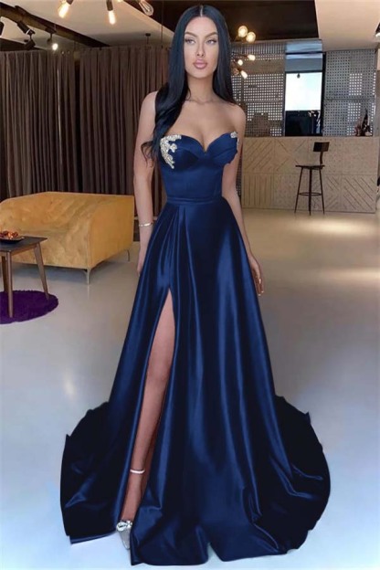 Sweetheart Yellow Strapless Mermaid Beadings Long Prom Dress With Split