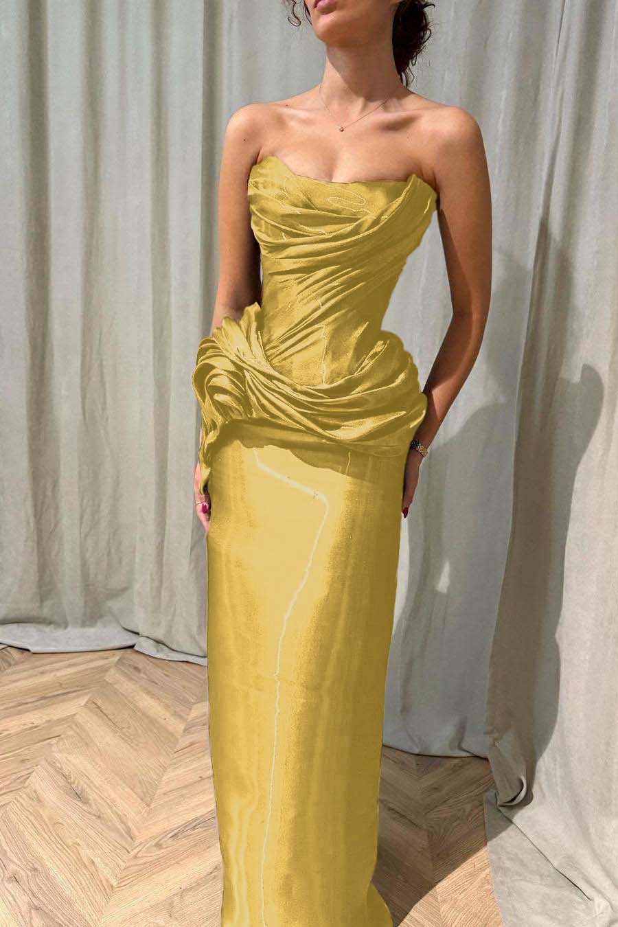 Chic Strapless Sleeveless Long Prom Dress With Ruffles Pleated