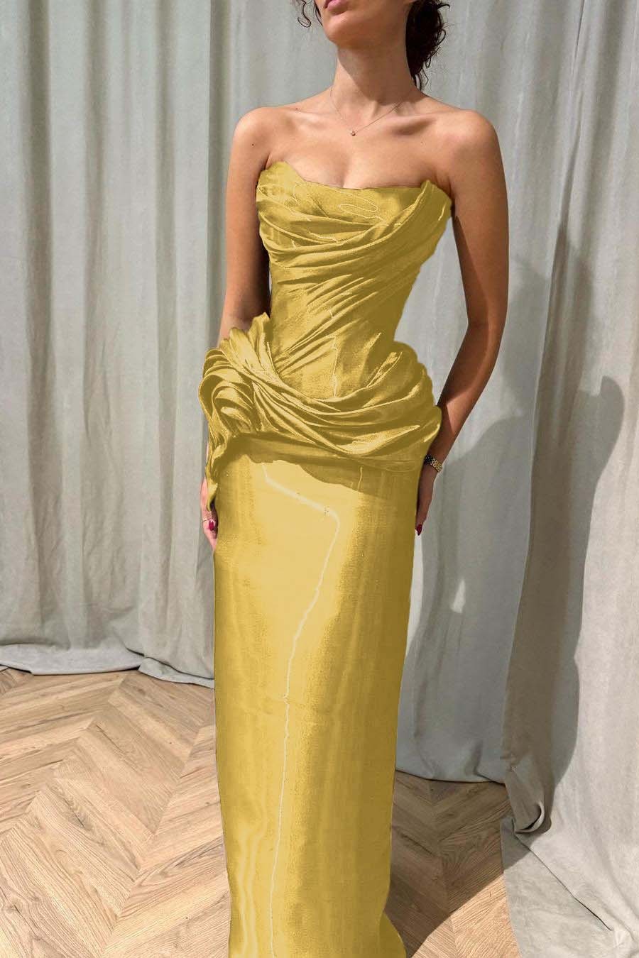 Chic Strapless Sleeveless Long Prom Dress With Ruffles Pleated