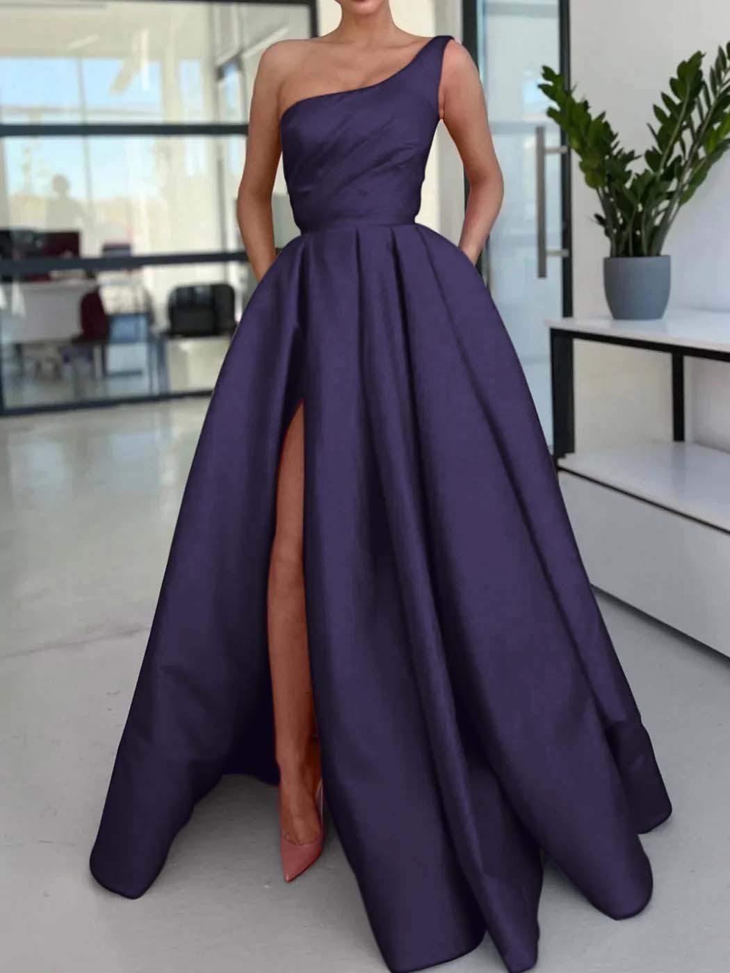 One Shoulder Sleeveless Long High Split Prom Dress With Pockets