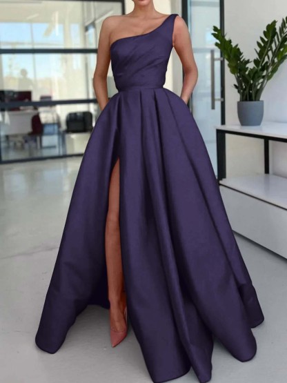One Shoulder Sleeveless Long High Split Prom Dress With Pockets