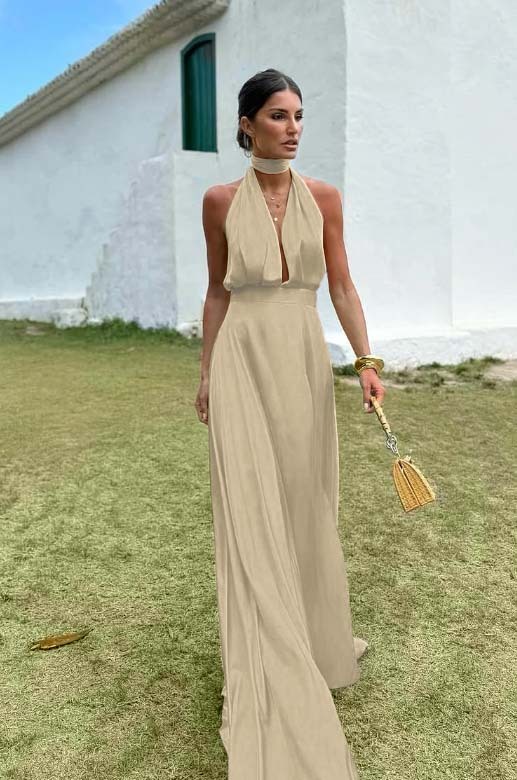 Charming Sleeveless Halter V Neck Long Prom Dress With Pleated