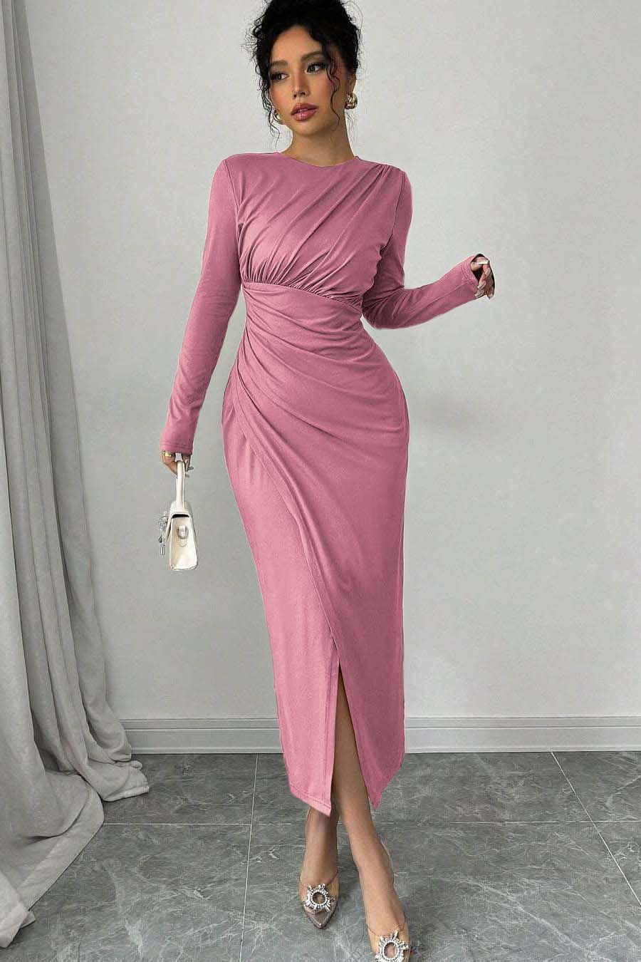 Long Sleeves Jewel Neck Tea Length Prom Dress With Split Pleated