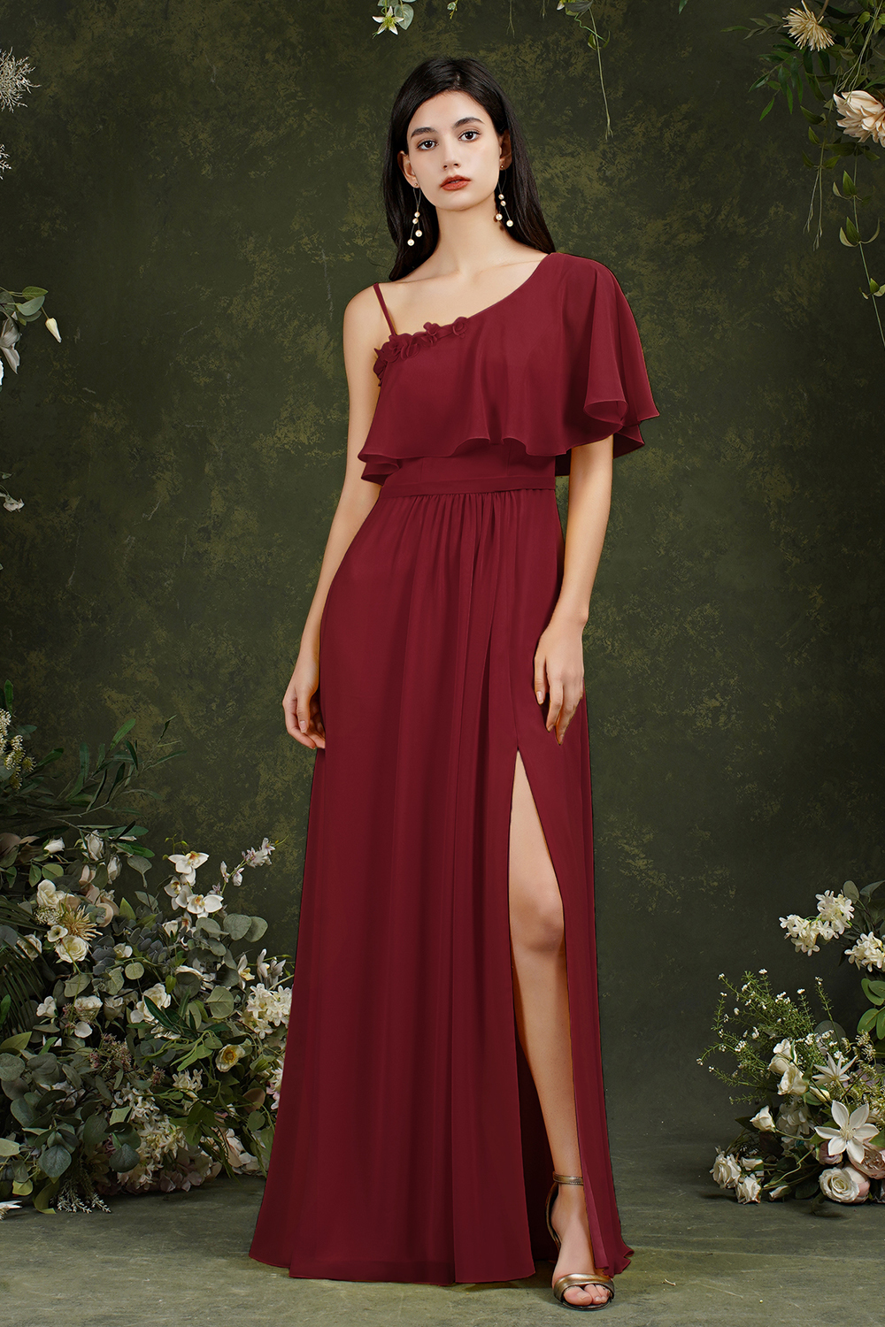 Bmbridal One Shoulder Ruffles Bridesmaid Dress Long With Slit-BMbridal