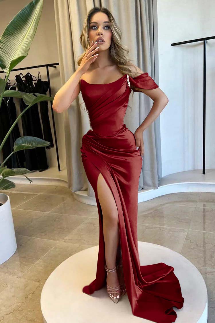 Strapless One Shoulder Long Mermaid Prom Dress With Split Beading