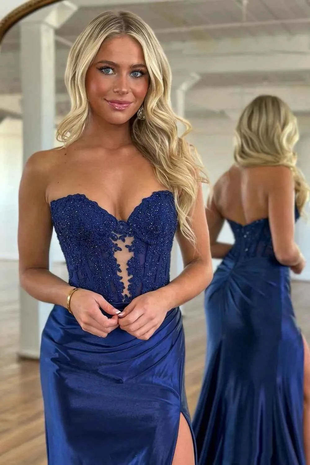 Navy Mermaid Sweetheart Long Corset Prom Dress with Slit