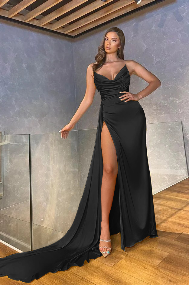 Chic Mermaid Strapless Sleeveless Long Pleated Prom Dress With High Split