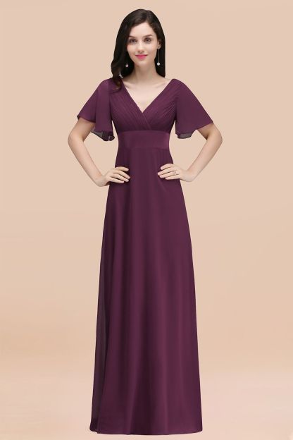 BMbridal Affordable V-Neck Ruffle Long Burgundy Bridesmaid Dress With Short-Sleeves-BMbridal