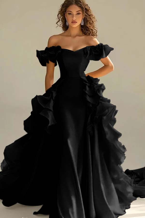 Off the Shoulder Sleeveless Long Mermaid Prom Dress With Ruffles