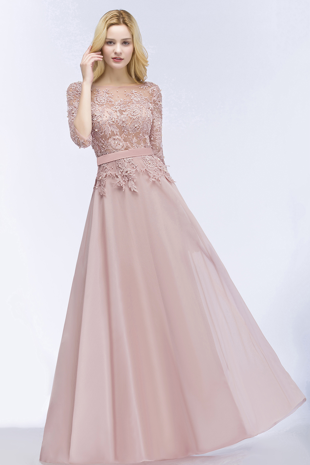 BMbridal Elegant Scoop Half-Sleeves Lace Dusty Rose Bridesmaid Dress With Pearls-BMbridal