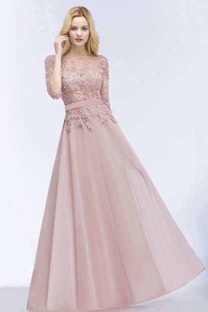 BMbridal Elegant Scoop Half-Sleeves Lace Dusty Rose Bridesmaid Dress With Pearls-BMbridal