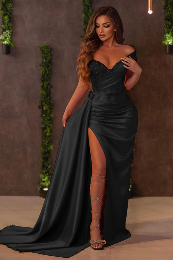 Red Off the Shoulder Long Ruffles Mermaid Prom Dress Sequins With Split