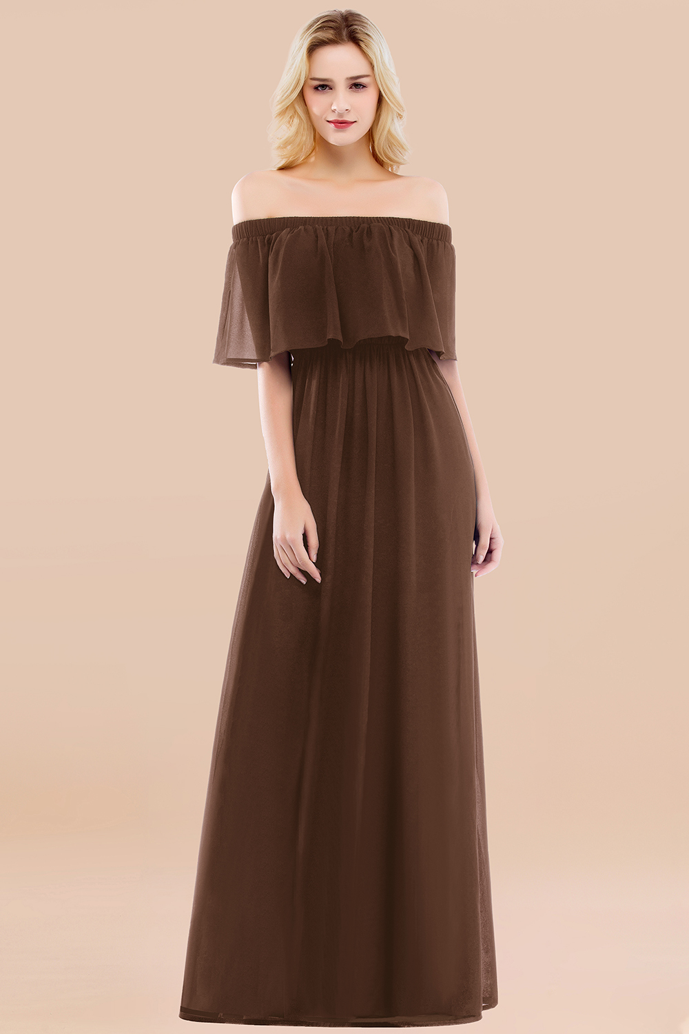 BMbridal Vintage Off-the-Shoulder Long Burgundy Bridesmaid Dress with Ruffle-BMbridal
