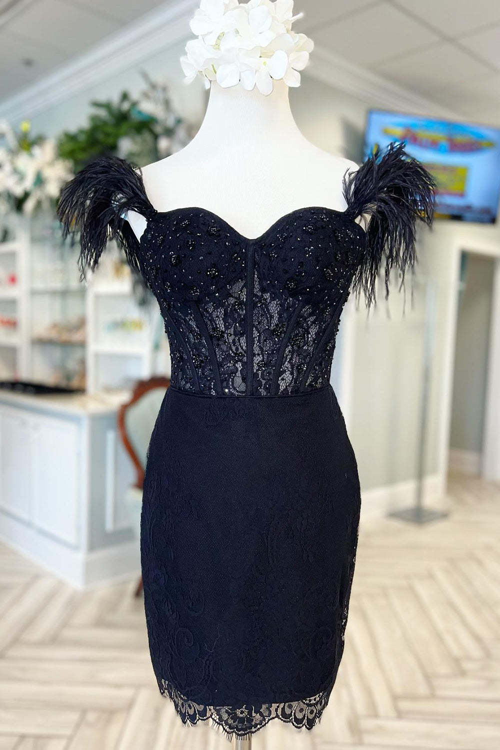 Sparkly Black Off The Shoulder Corset Tight Short Homecoming Dress with Feathers